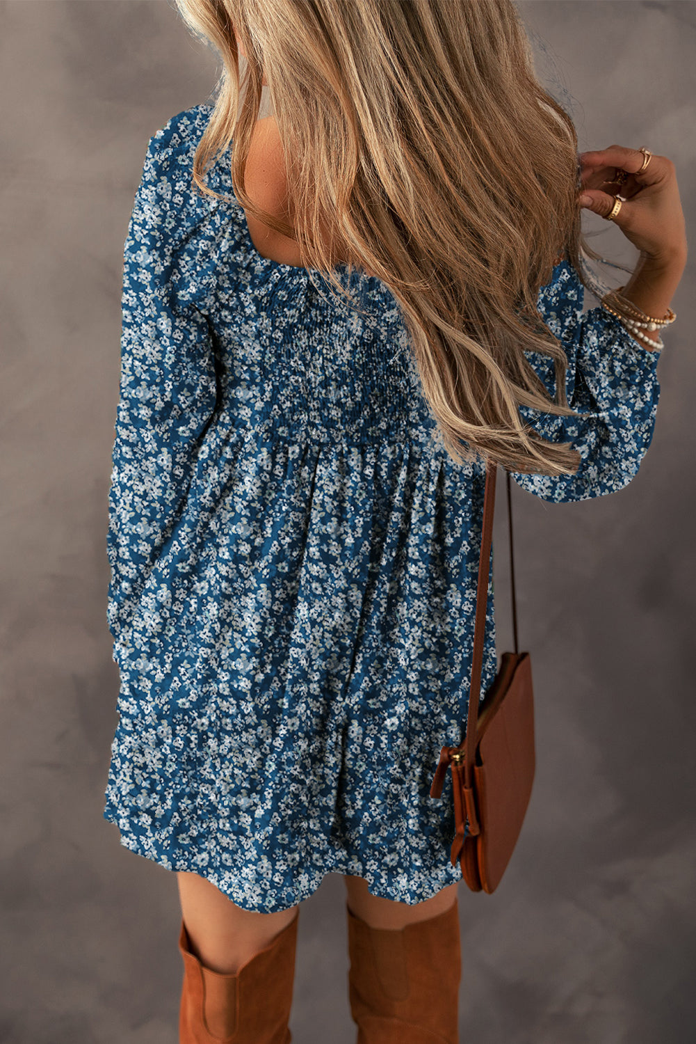 Sky Blue Floral Print Sweetheart Neck Shirred Back Mini Dress