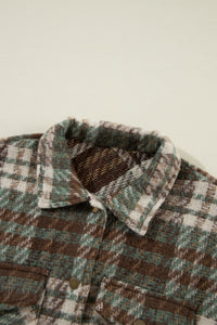 Green & Brown Plaid Button Down Shacket with Chest Flap Pockets