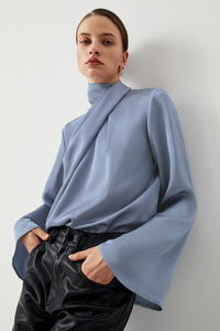 Dusty Blue Faux Wrap Mock Neck Bell Sleeve Blouse