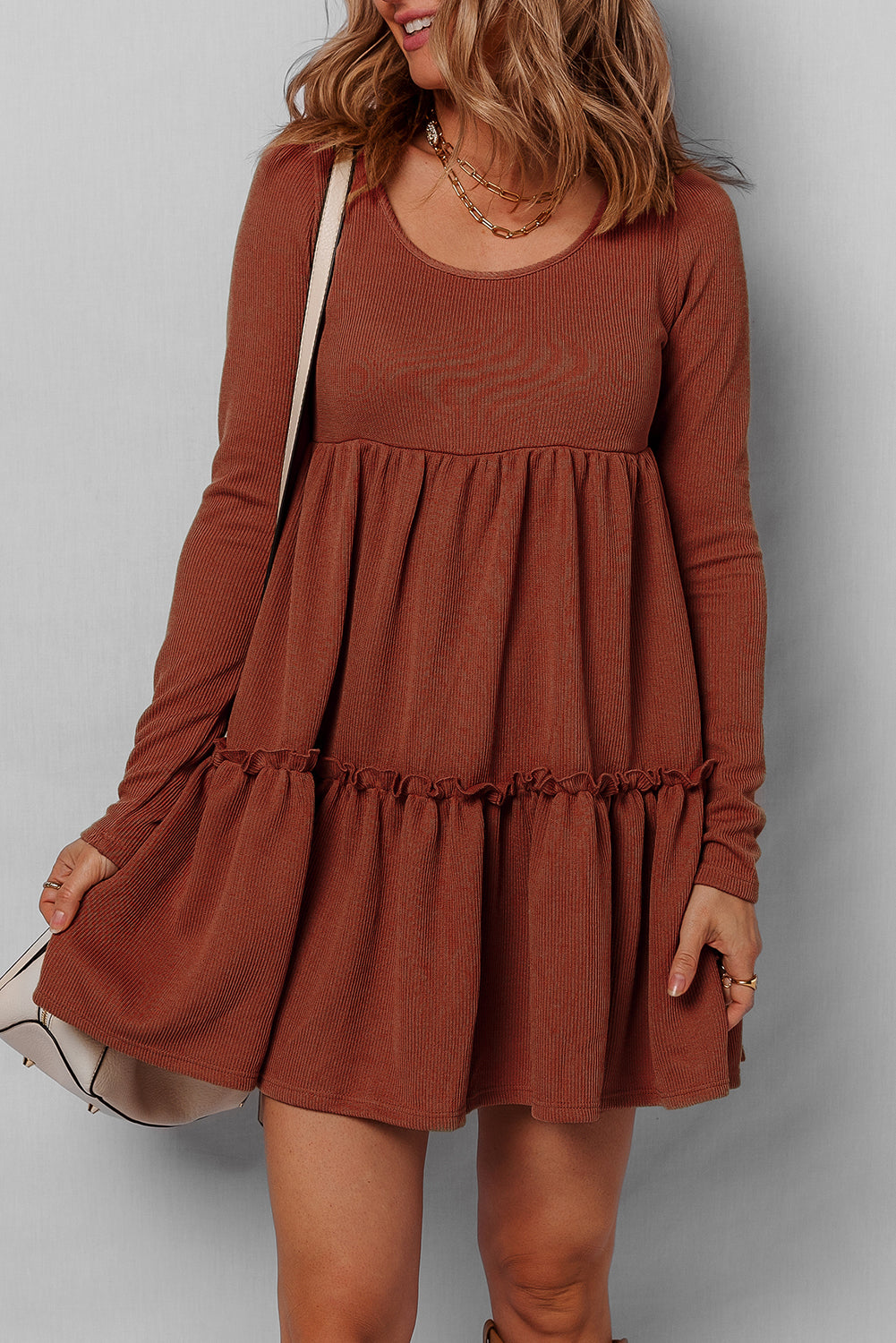 Brown Rust Ribbed Scoop Neck Empire Waist Long Sleeve Mini Dress