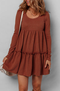 Brown Rust Ribbed Scoop Neck Empire Waist Long Sleeve Mini Dress