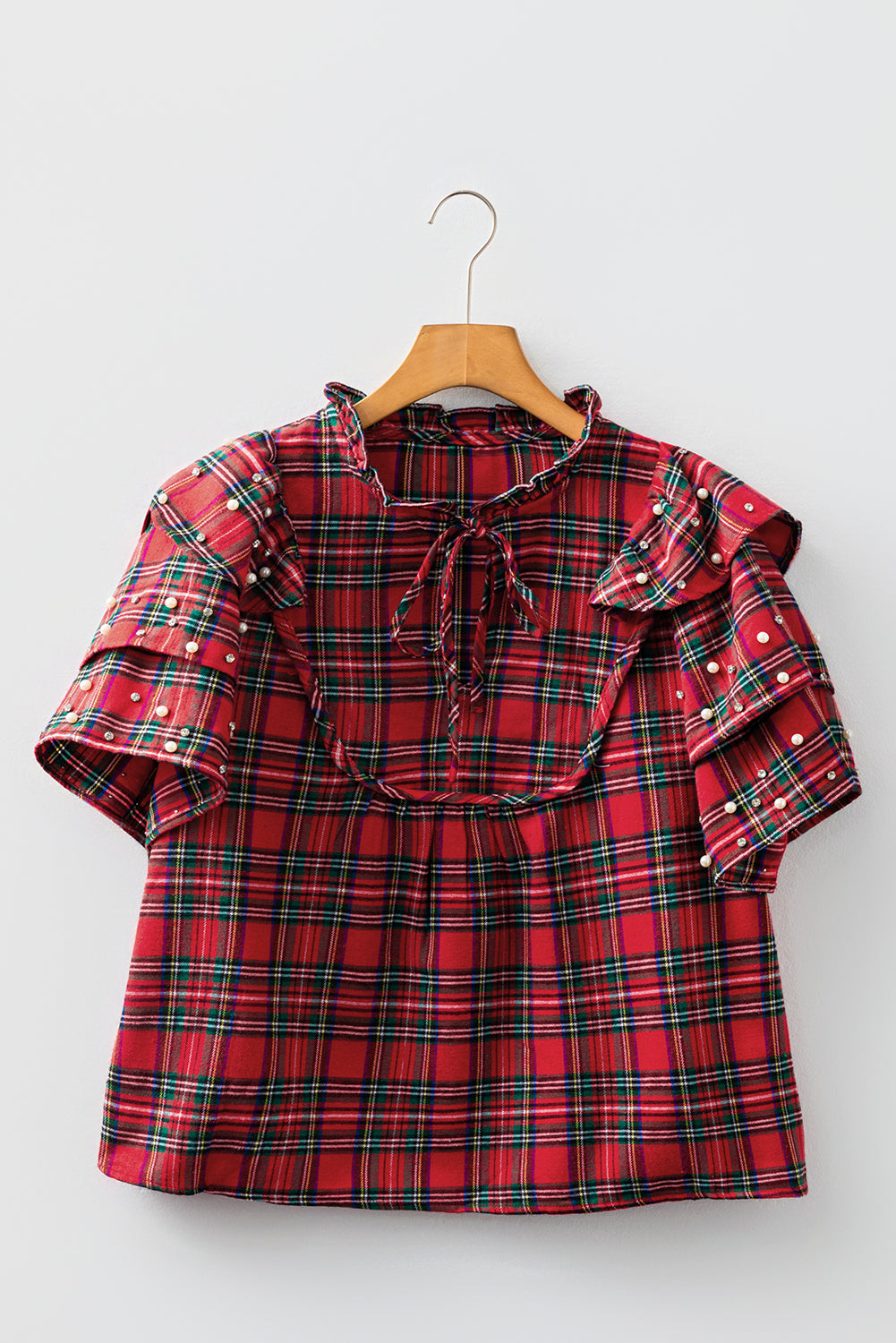 Red Plaid Pearl Rhinestone Ruffled Short Sleeve V-Neck Tie Blouse