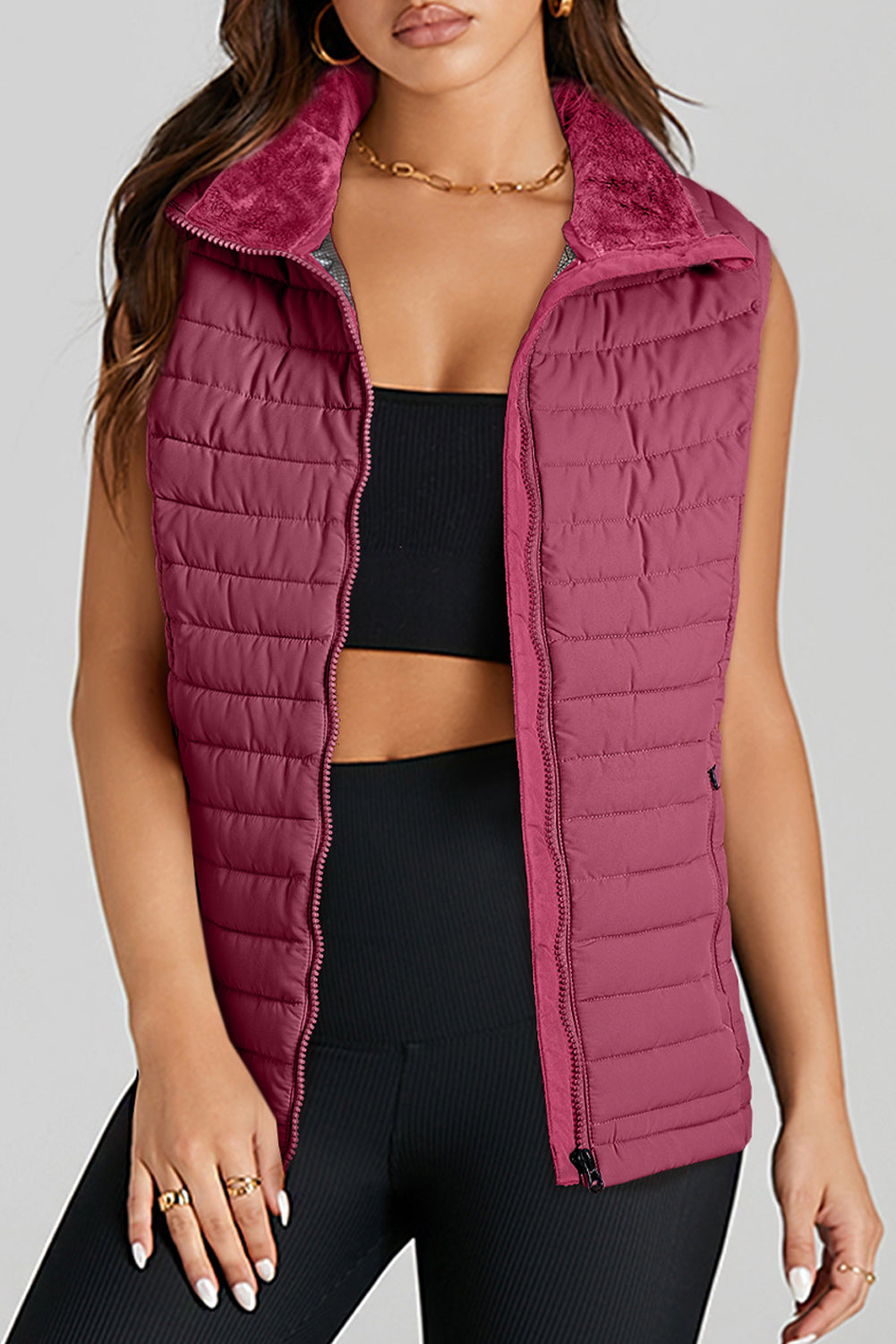 Quilted Full Zip Fuzzy Collar Puffer Vest