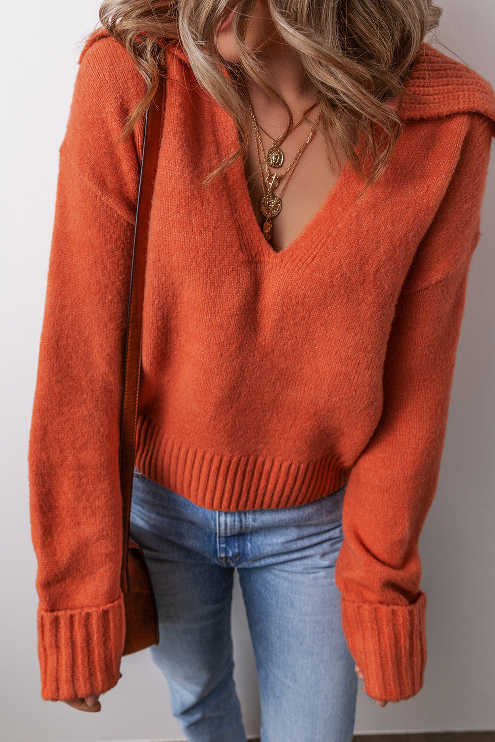 Sailor Collar V-Neck Long Sleeve Knit Sweater