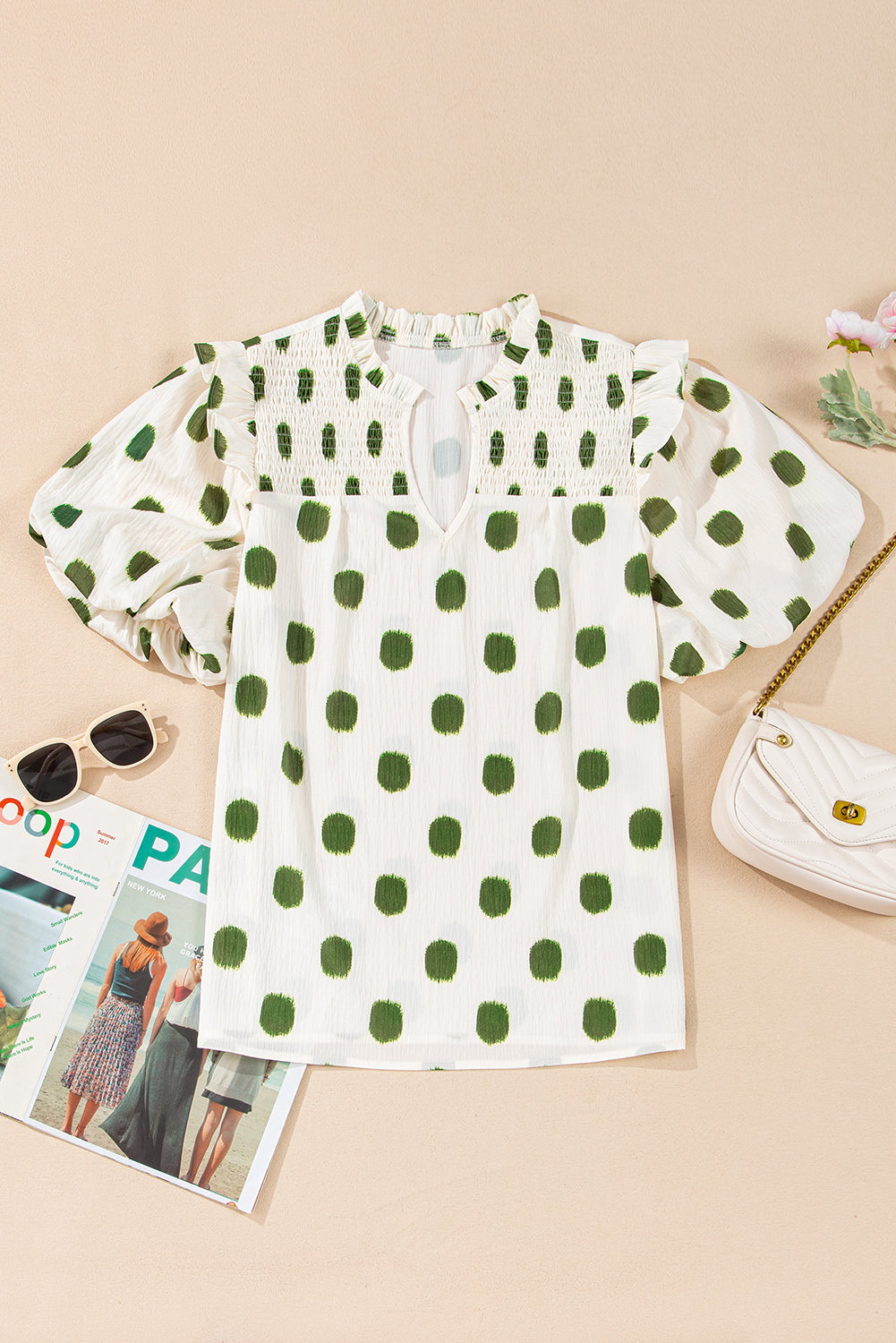 Avocado Polka Dot Print Textured Balloon Sleeve Blouse