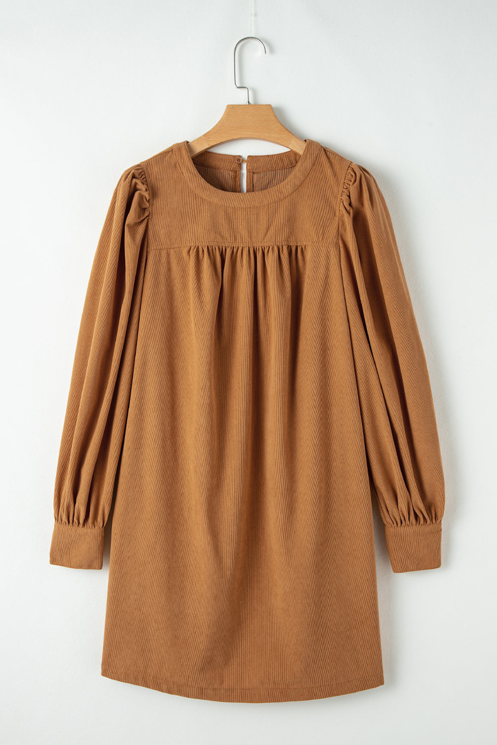 Golden Brown Corduroy Pleated Puff Sleeve Shift Dress