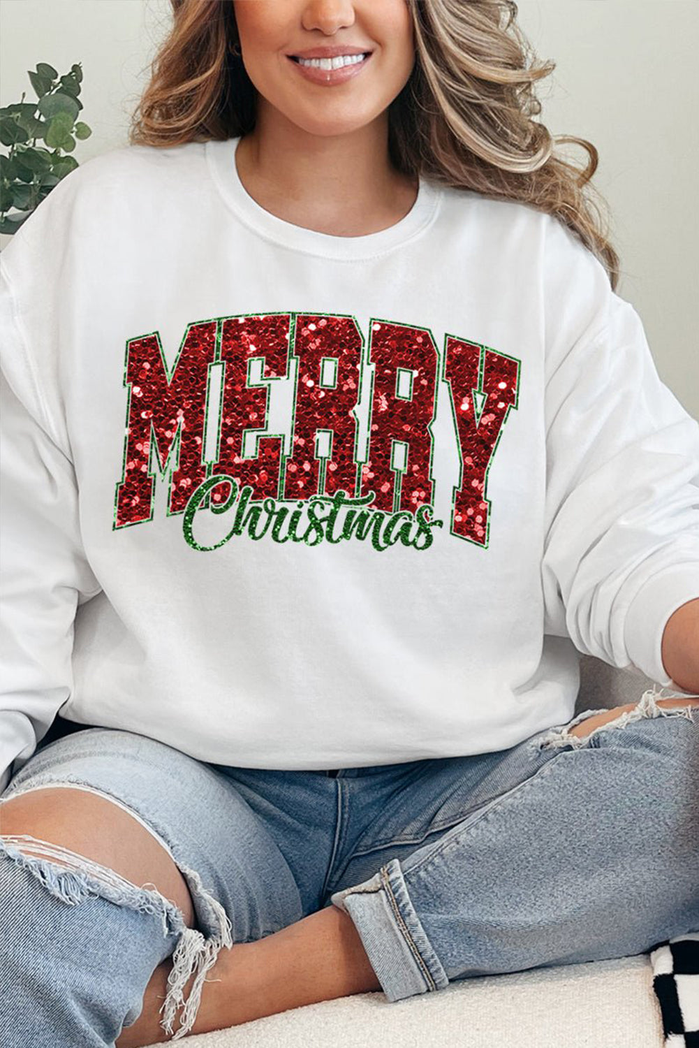 White Merry Christmas Graphic Crewneck Pullover