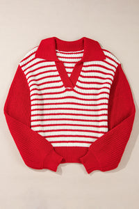 Red Stripe Lantern Sleeve V-Neck Collared Drop Shoulder Sweater