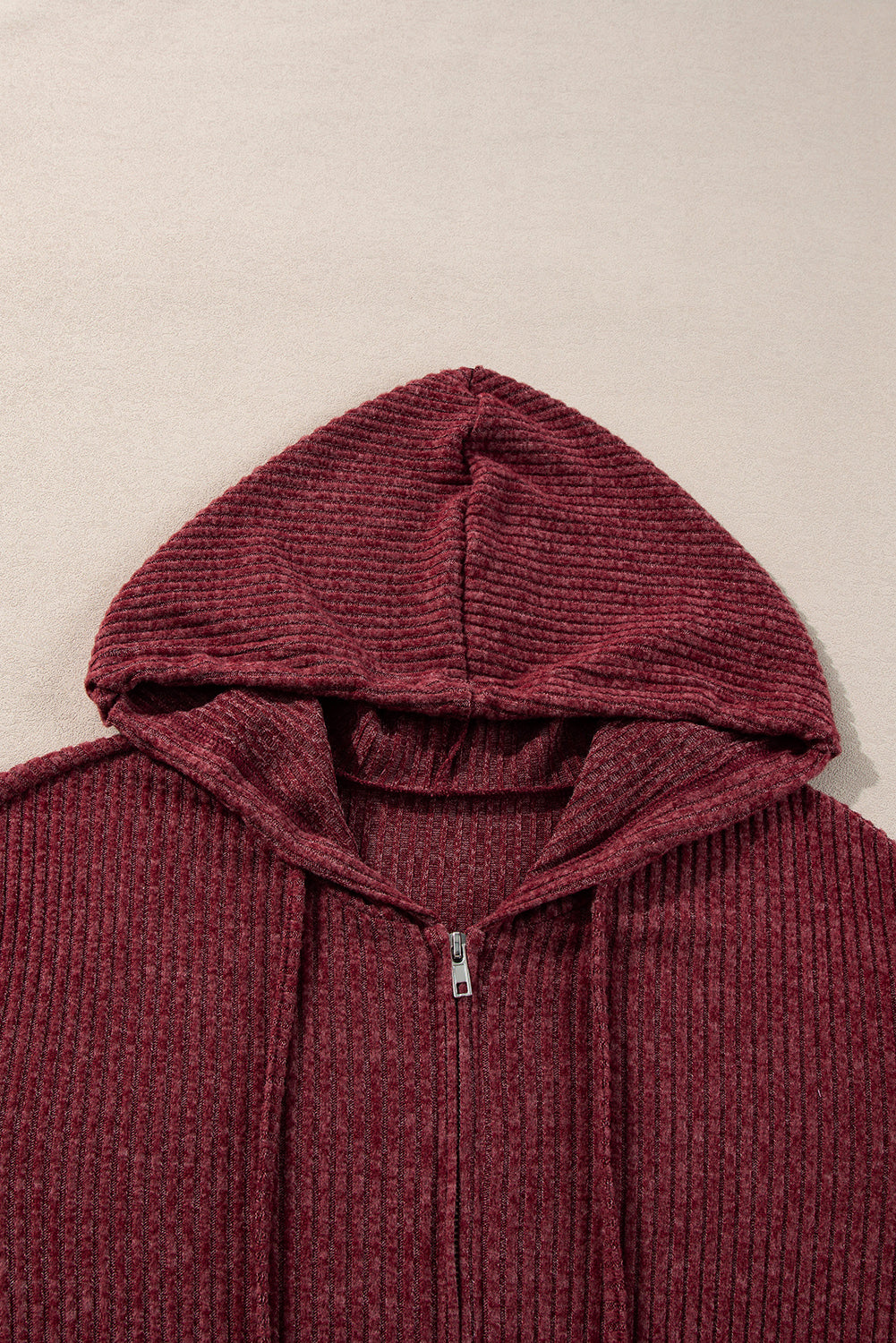 Burgundy Ribbed Zip Up Front Drawstring Hoodie