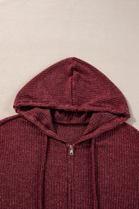 Burgundy Ribbed Zip Up Front Drawstring Hoodie