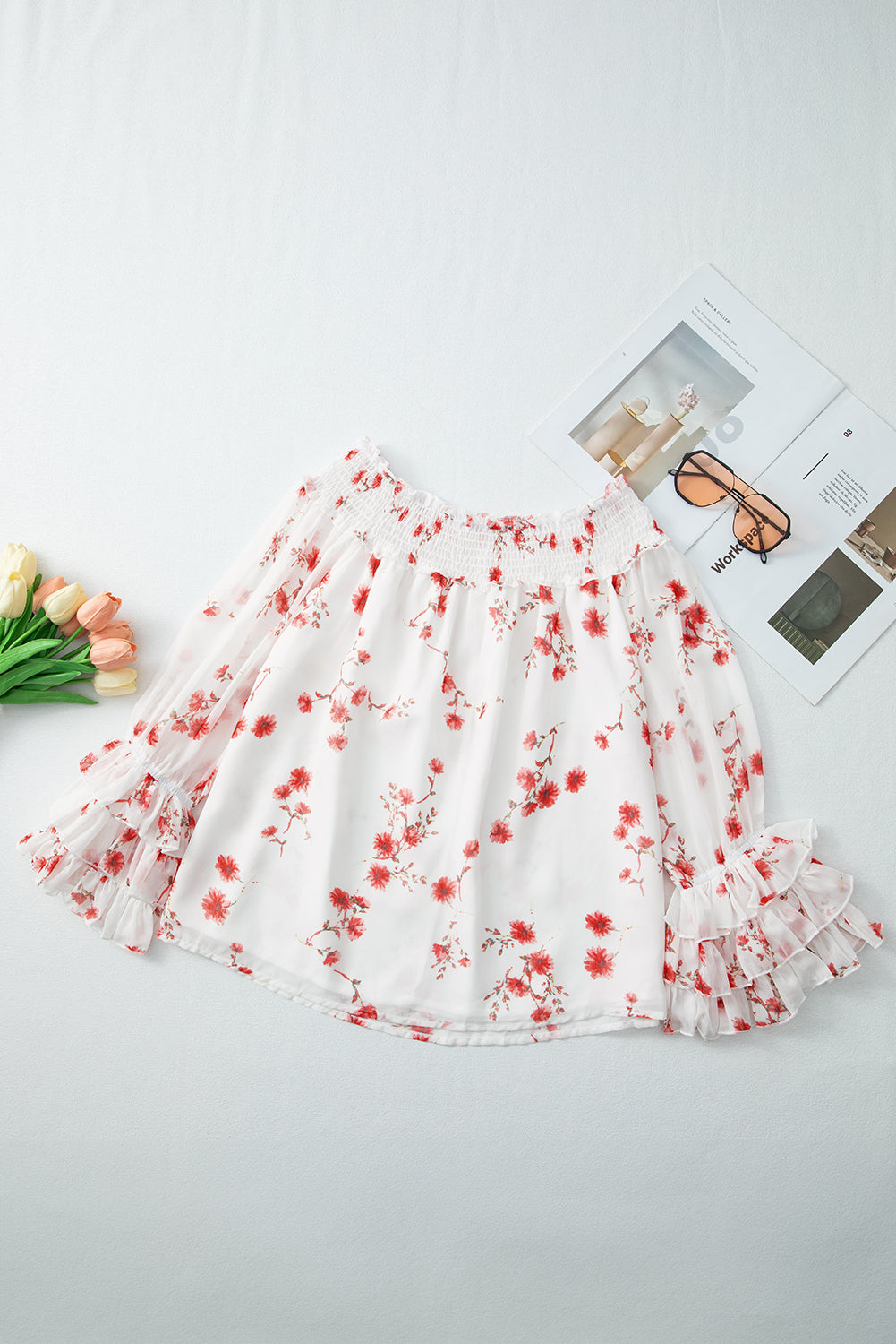 White and Orange Floral Print Shirred Off Shoulder Ruffled Sleeve Blouse