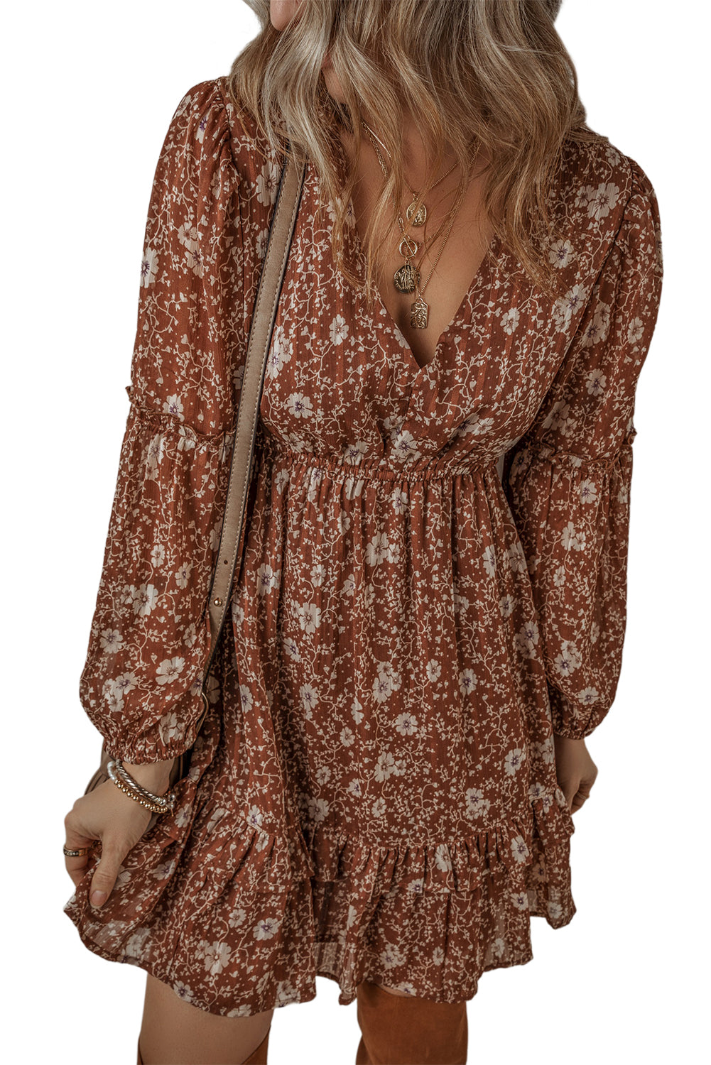 Brown Boho Floral Ruffled Puff Sleeve V-Neck Mini Dress