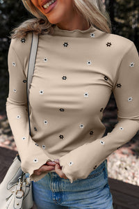 Beige Rib Knit Long Sleeve Mini Embroidered Floral Top
