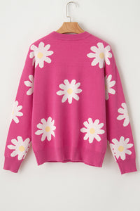 Bright Pink Daisy Crew Neck Long Sleeve Sweater