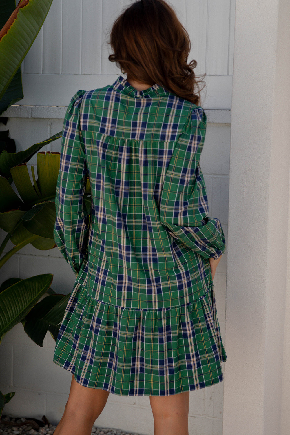 Tartan Plaid Long Sleeve Split Neck Mini Dress