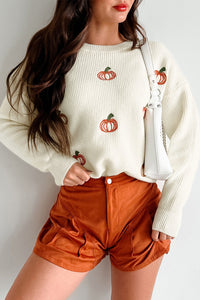 Cream Pumpkin Embroidered Ribbed Knit Fall Sweater