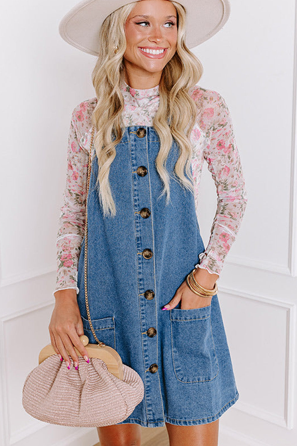 Denim Button Down Overall Dress with Pockets