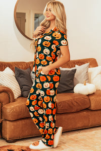 Black with Orange Pumpkins Print Short Sleeve Shirt & Pants Pajama Set