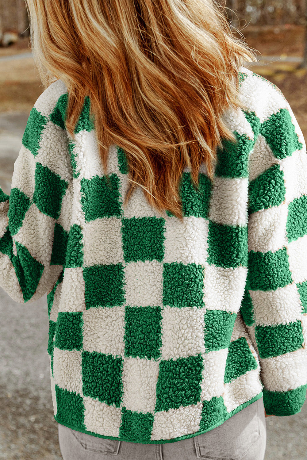 Green Checkered Snap Button Sherpa Jacket