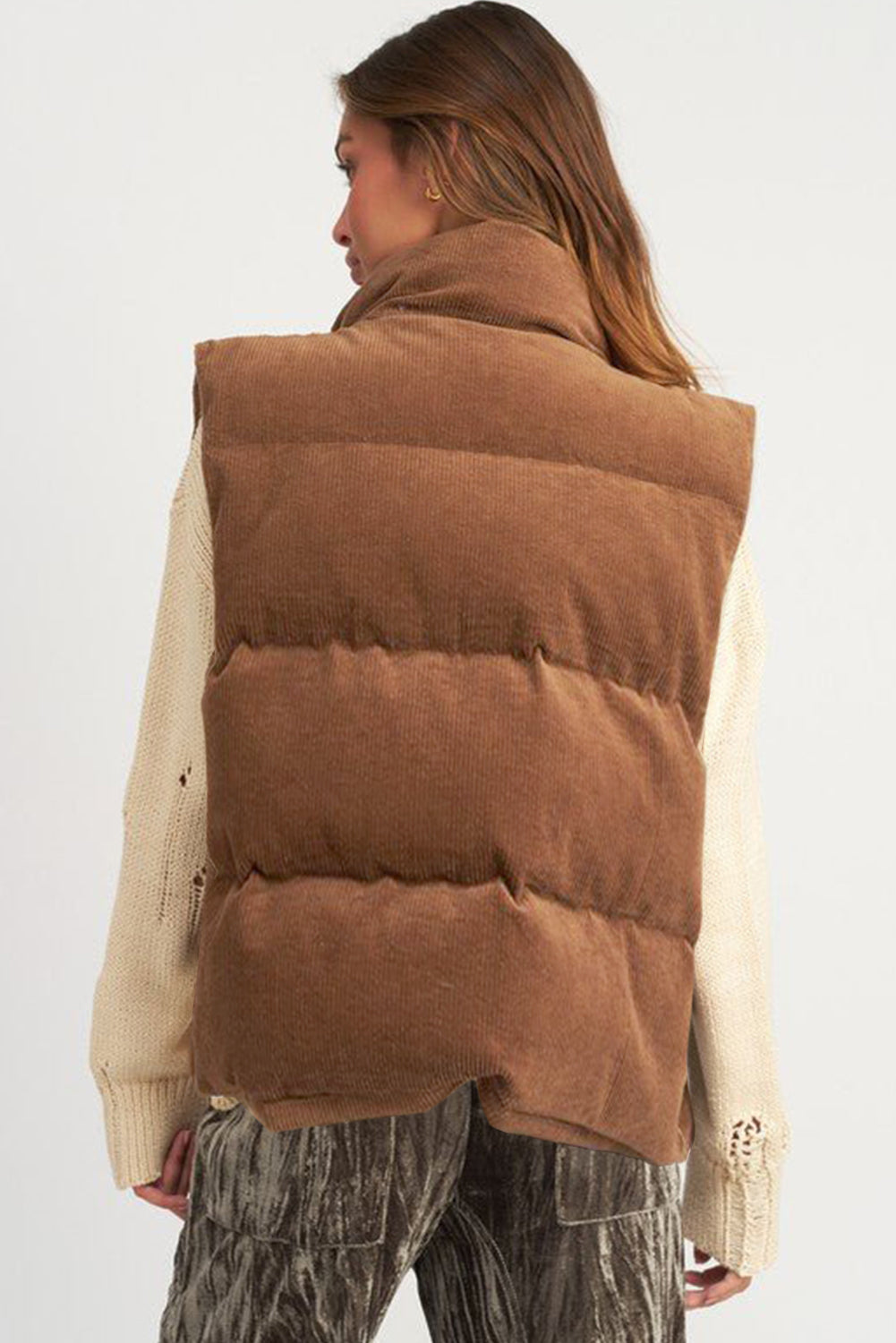 Light Brown Corduroy Stand Up Collar Zipped Puffer Vest