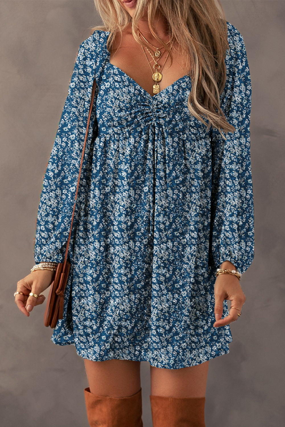 Sky Blue Floral Print Sweetheart Neck Shirred Back Mini Dress