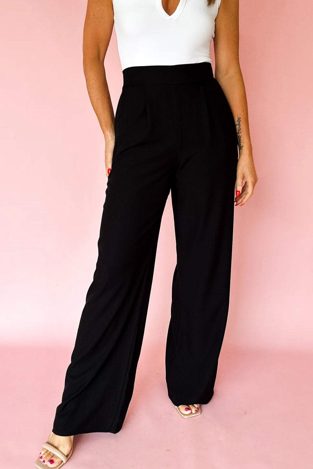 Pleated Front Pull On High Waist Wide Leg Dress Pants