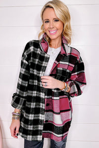 Black & Fuchsia Plaid Colorblock Shacket