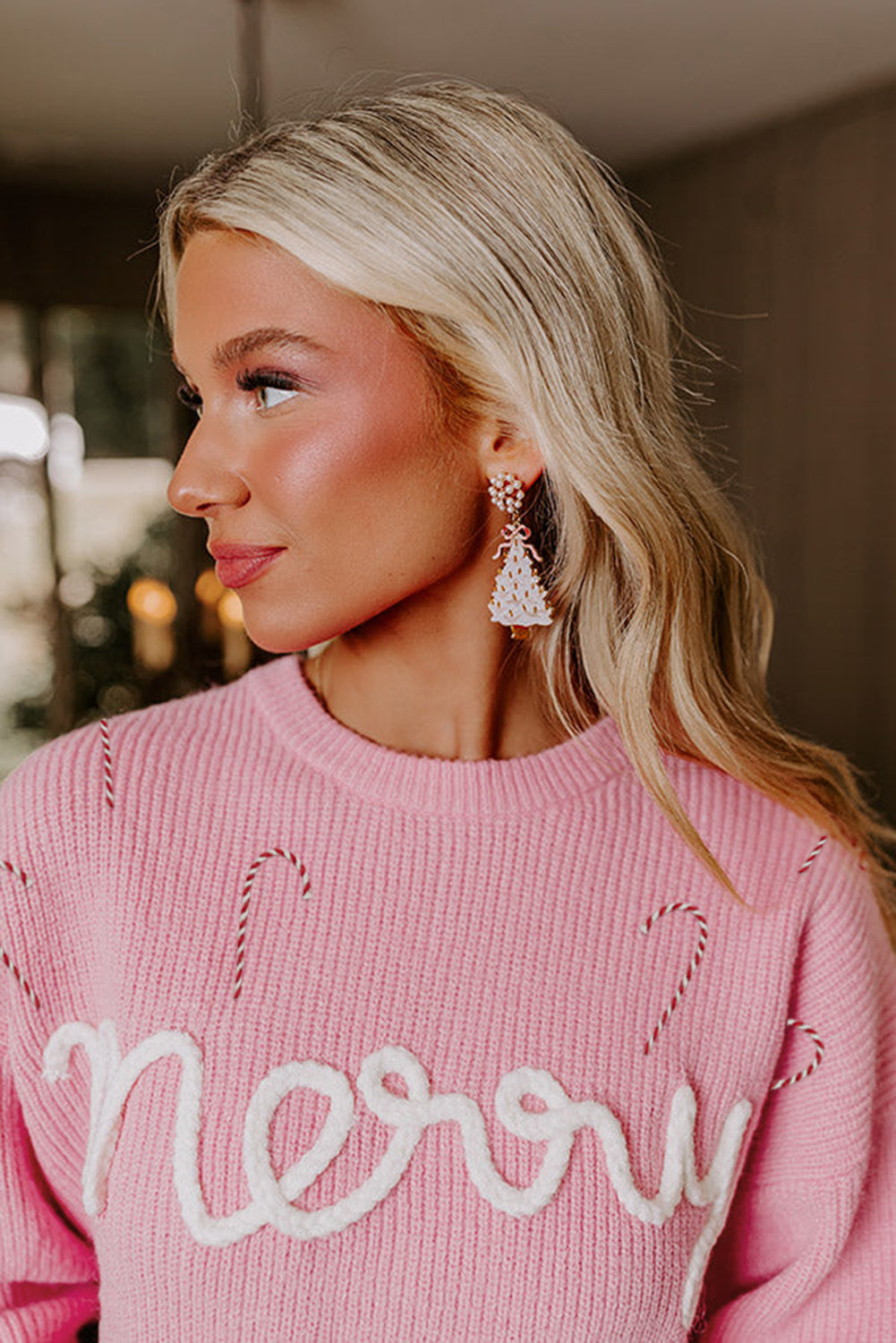 Pink Merry Candy Cane Crew Neck Knit Sweater