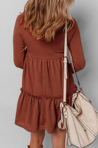 Brown Rust Ribbed Scoop Neck Empire Waist Long Sleeve Mini Dress