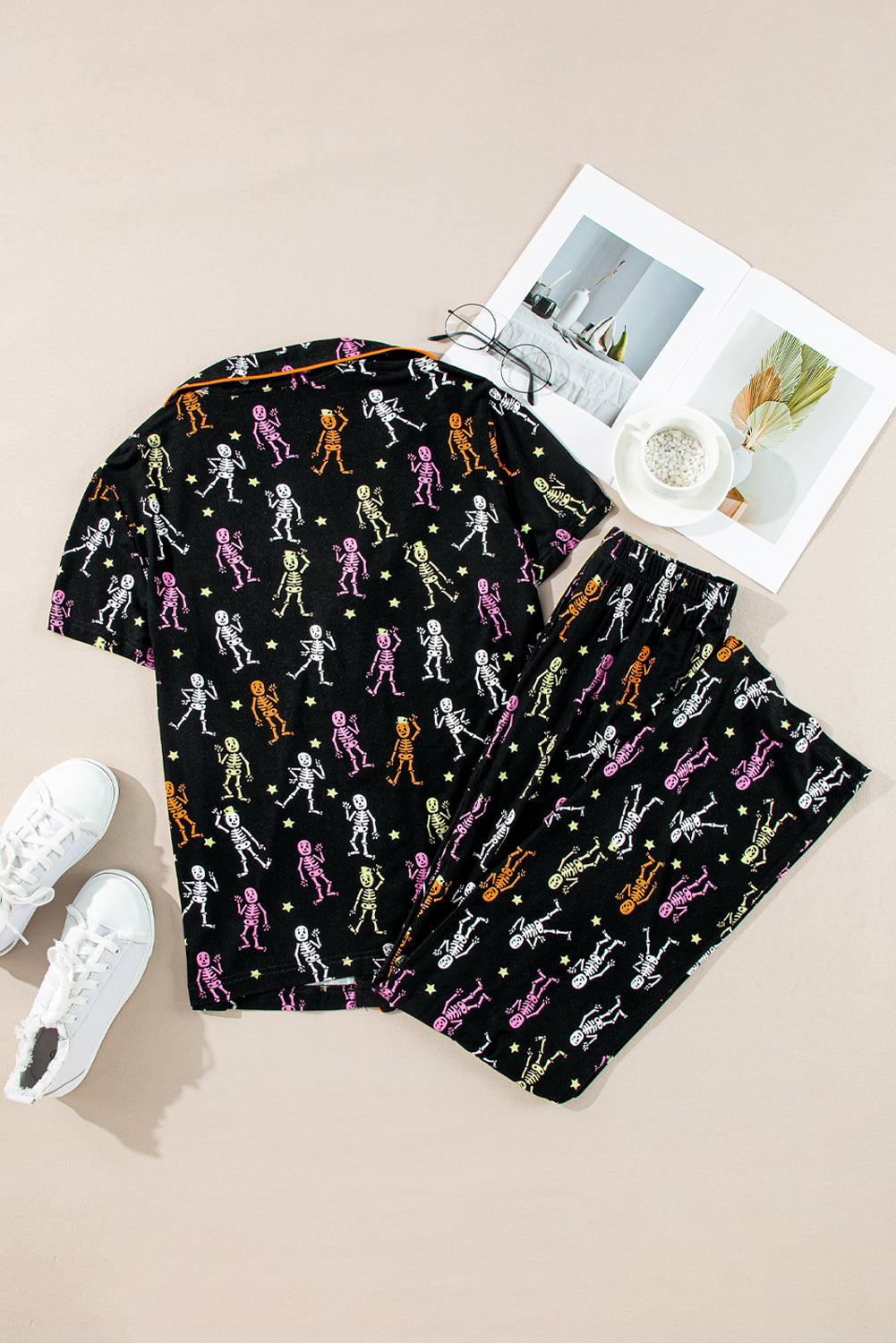 Black Happy Skeleton Print Short Sleeve Shirt & Pants Pajama Set