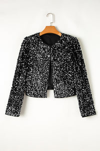 Black Sequined Open Front Cropped Jacket