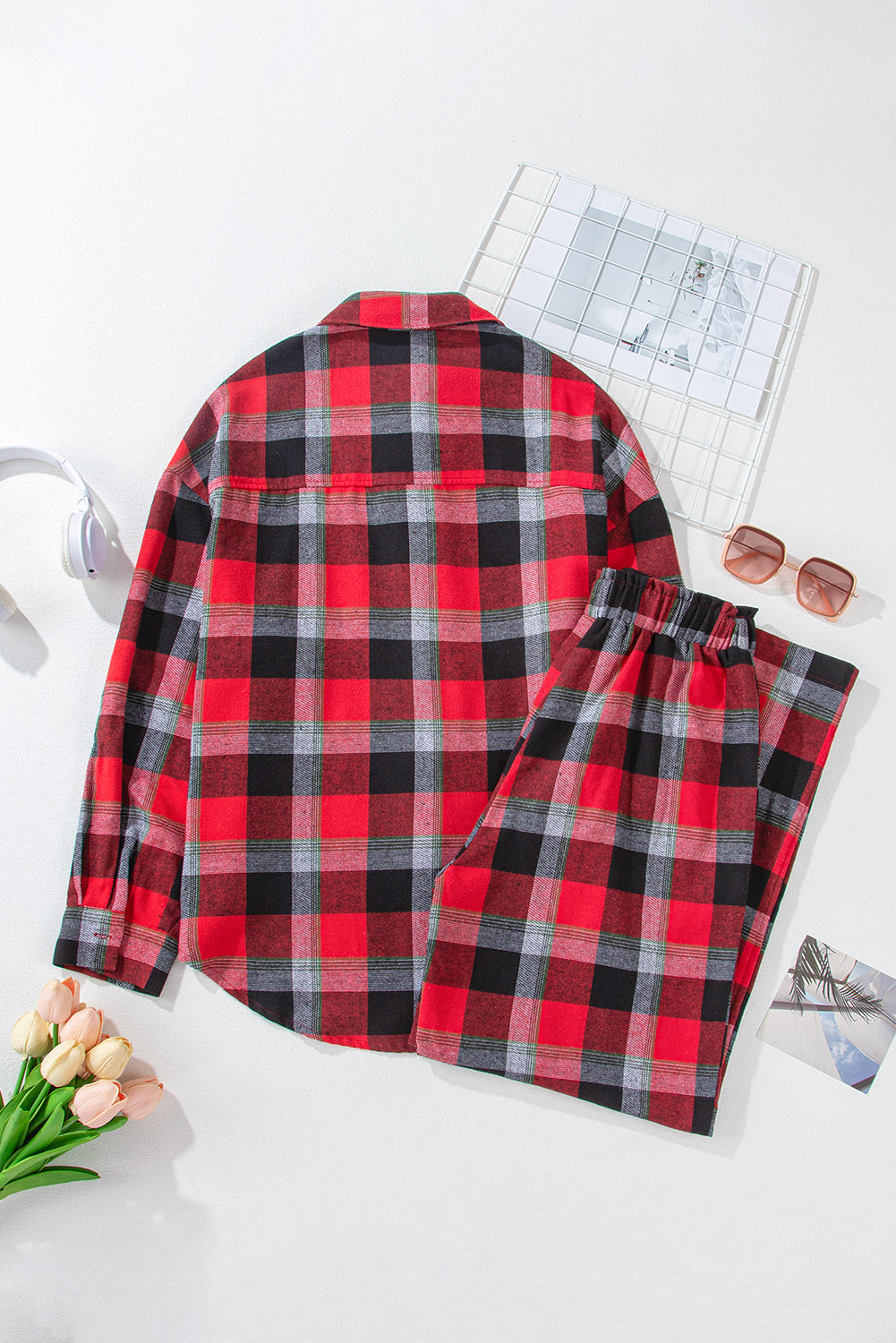 Red Christmas Plaid Pattern Loose Shirt and Pants Lounge Set