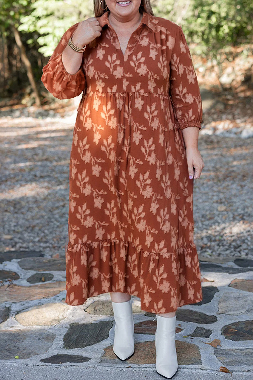 Fall Rust Texture Appliqué Floral Ruffly Plus Size Midi Dress