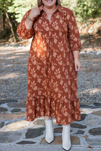 Fall Rust Texture Appliqué Floral Ruffly Plus Size Midi Dress