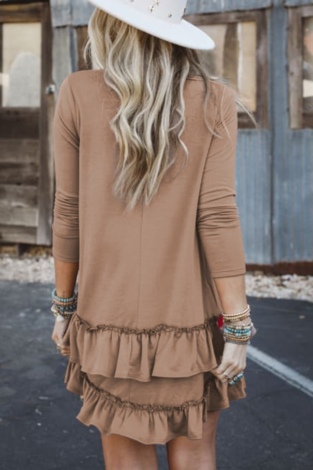 Light Brown Scoop Neck Tiered Ruffled Hem Long Sleeve Mini Dress