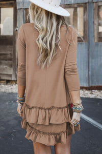 Light Brown Scoop Neck Tiered Ruffled Hem Long Sleeve Mini Dress