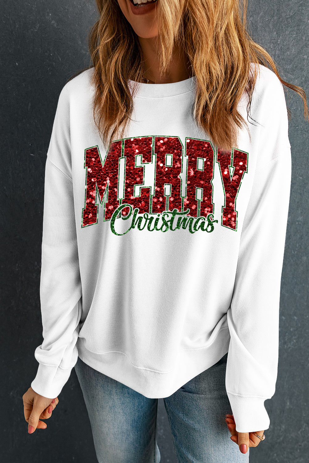 White Merry Christmas Graphic Crewneck Pullover