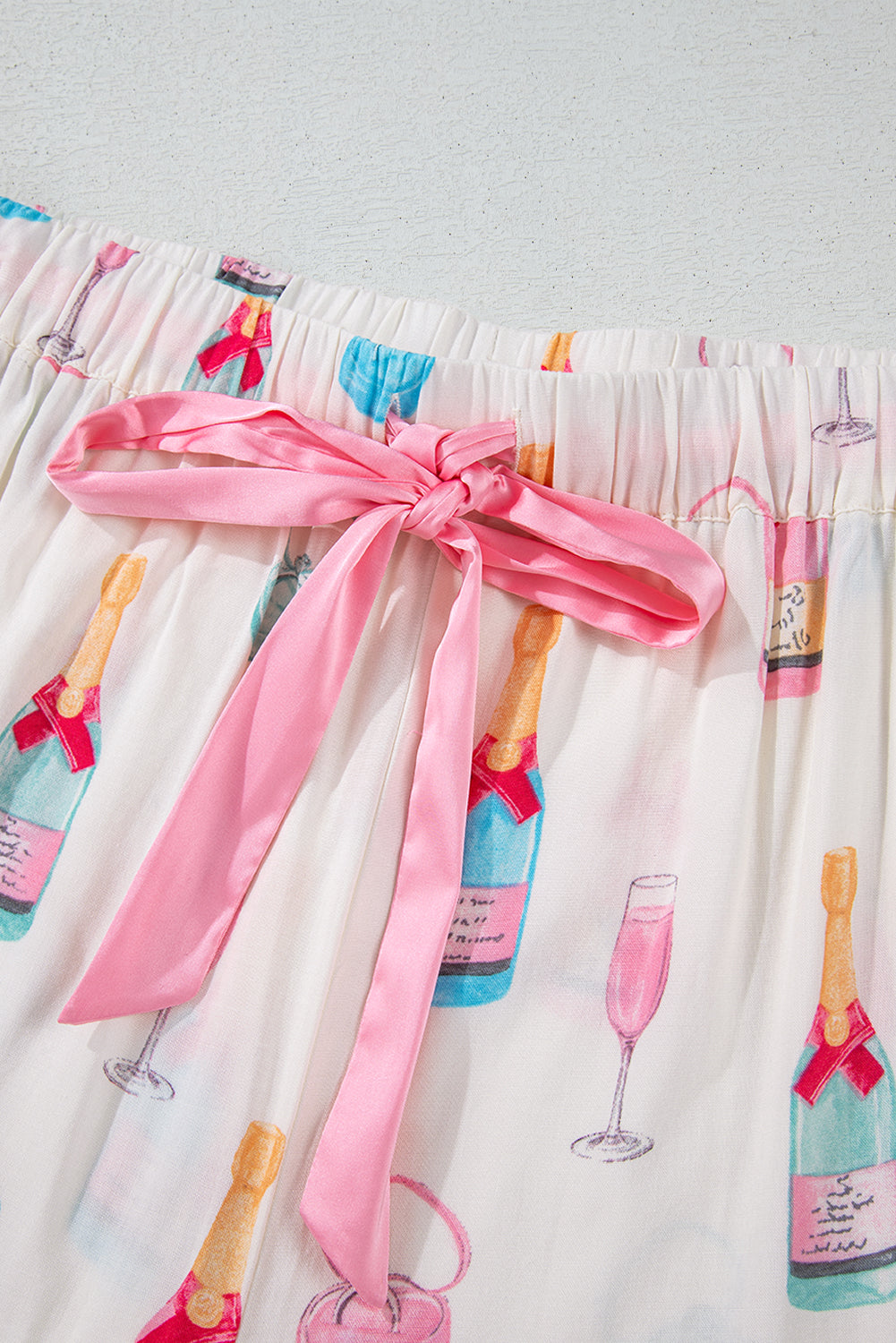 Plus Size Wine Glass Print Pink Bow Tie Shorts Pajama Set