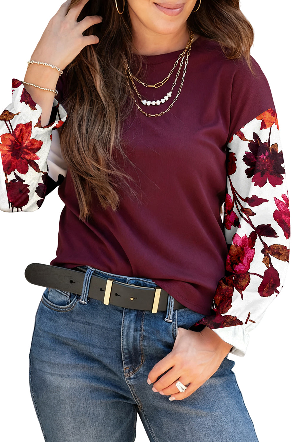 Burgundy Floral Ruffled Cuff Long Sleeve Ribbed Knit Top