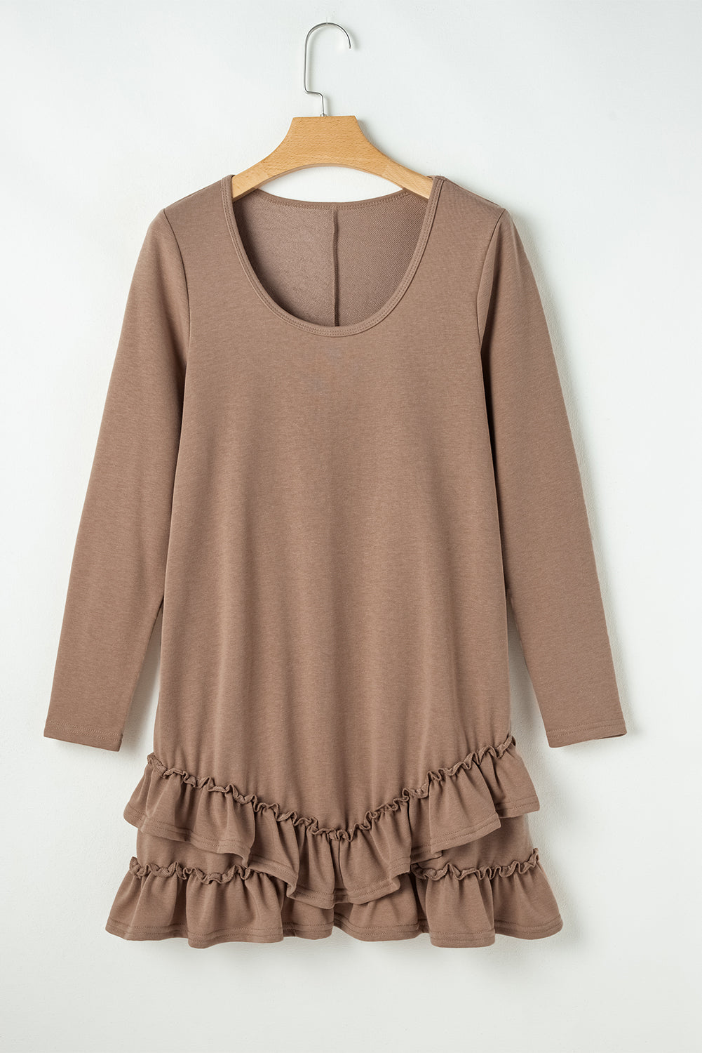 Light Brown Scoop Neck Tiered Ruffled Hem Long Sleeve Mini Dress