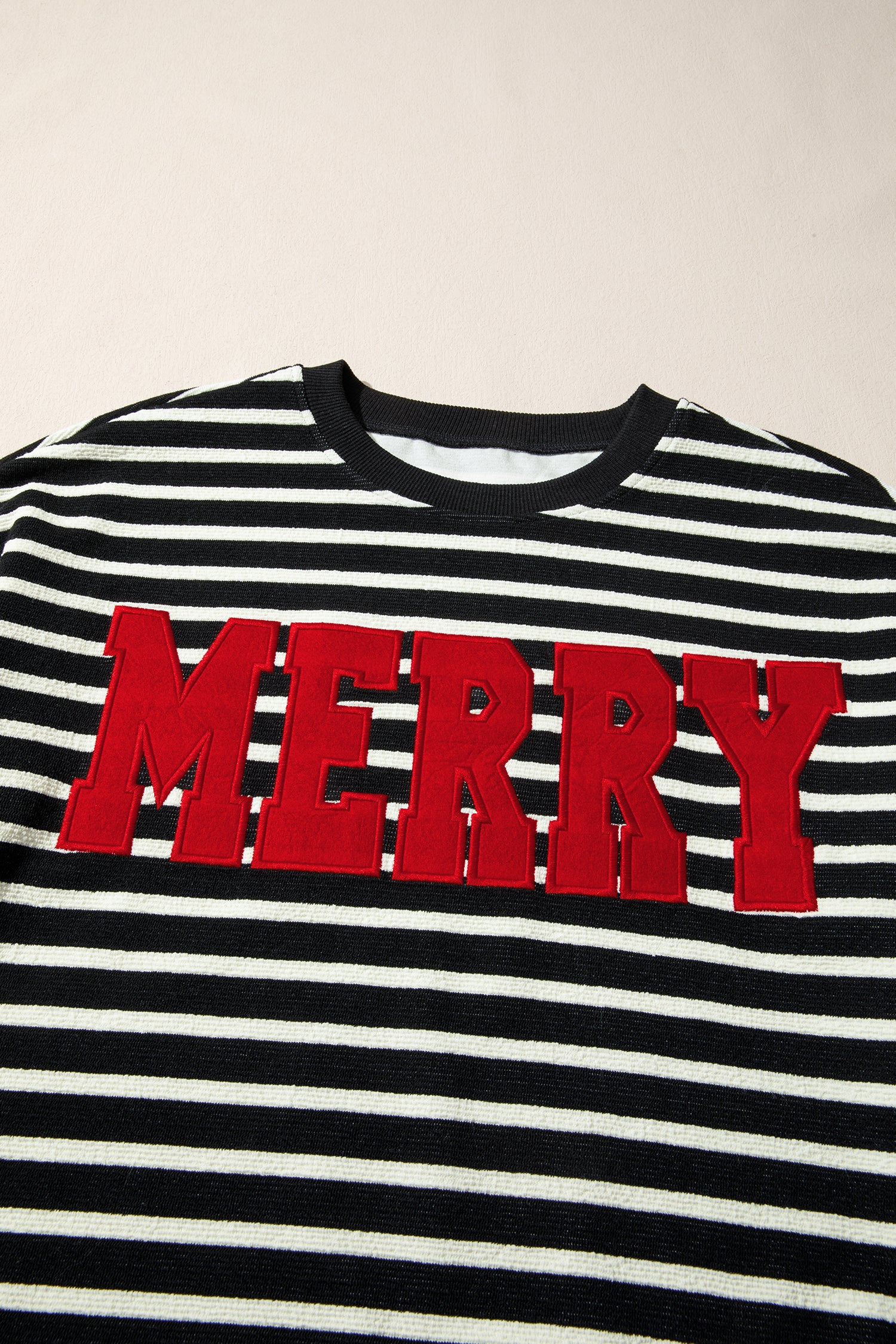 Black Stripe Red MERRY Appliqué Christmas Drop Shoulder Sweatshirt