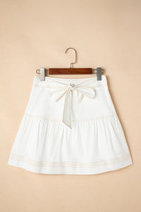 White High Waist Tie Knot A-Line Tiered Mini Skirt