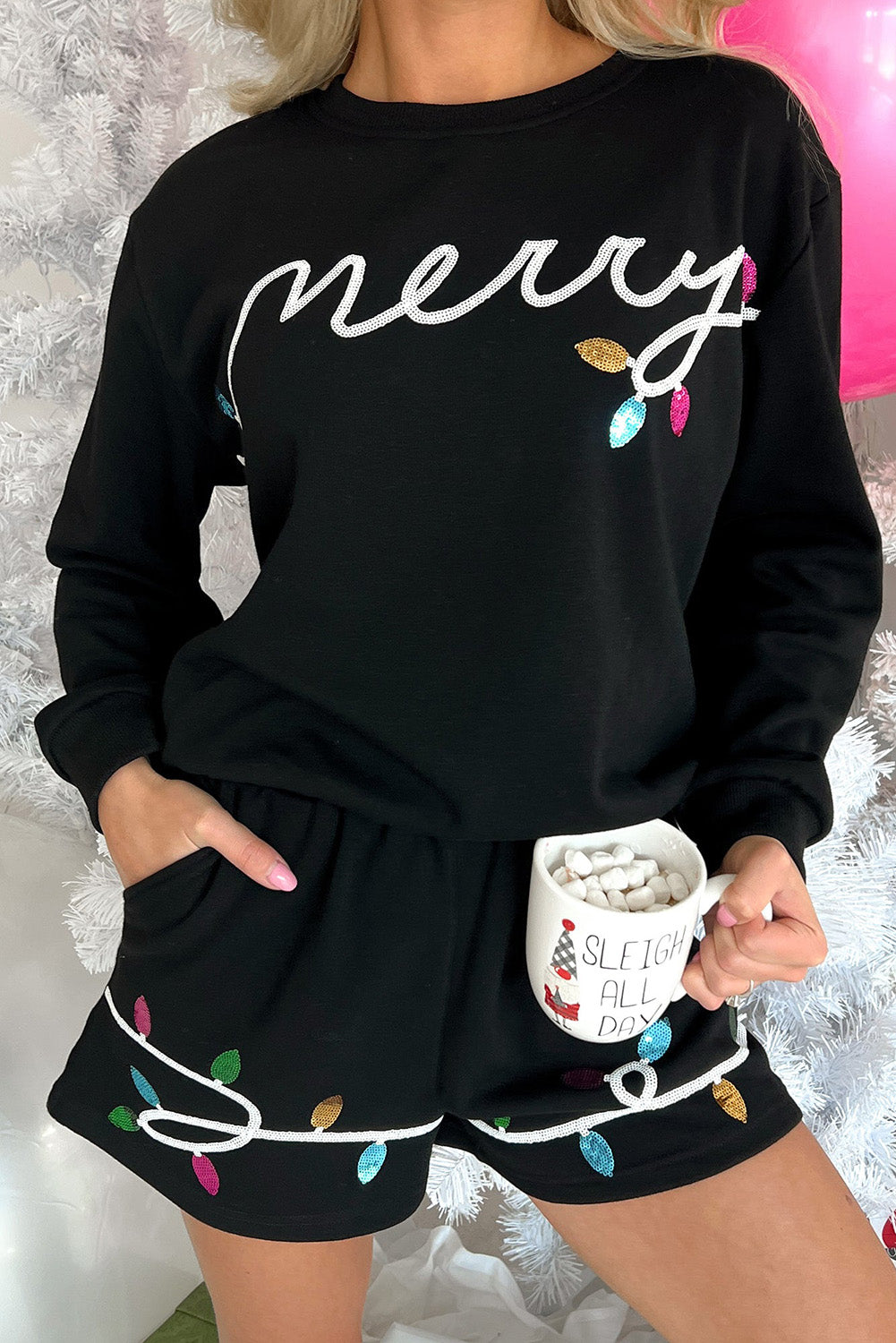 Merry Sequined Christmas Lights Black Sweatshirt and Shorts Sets