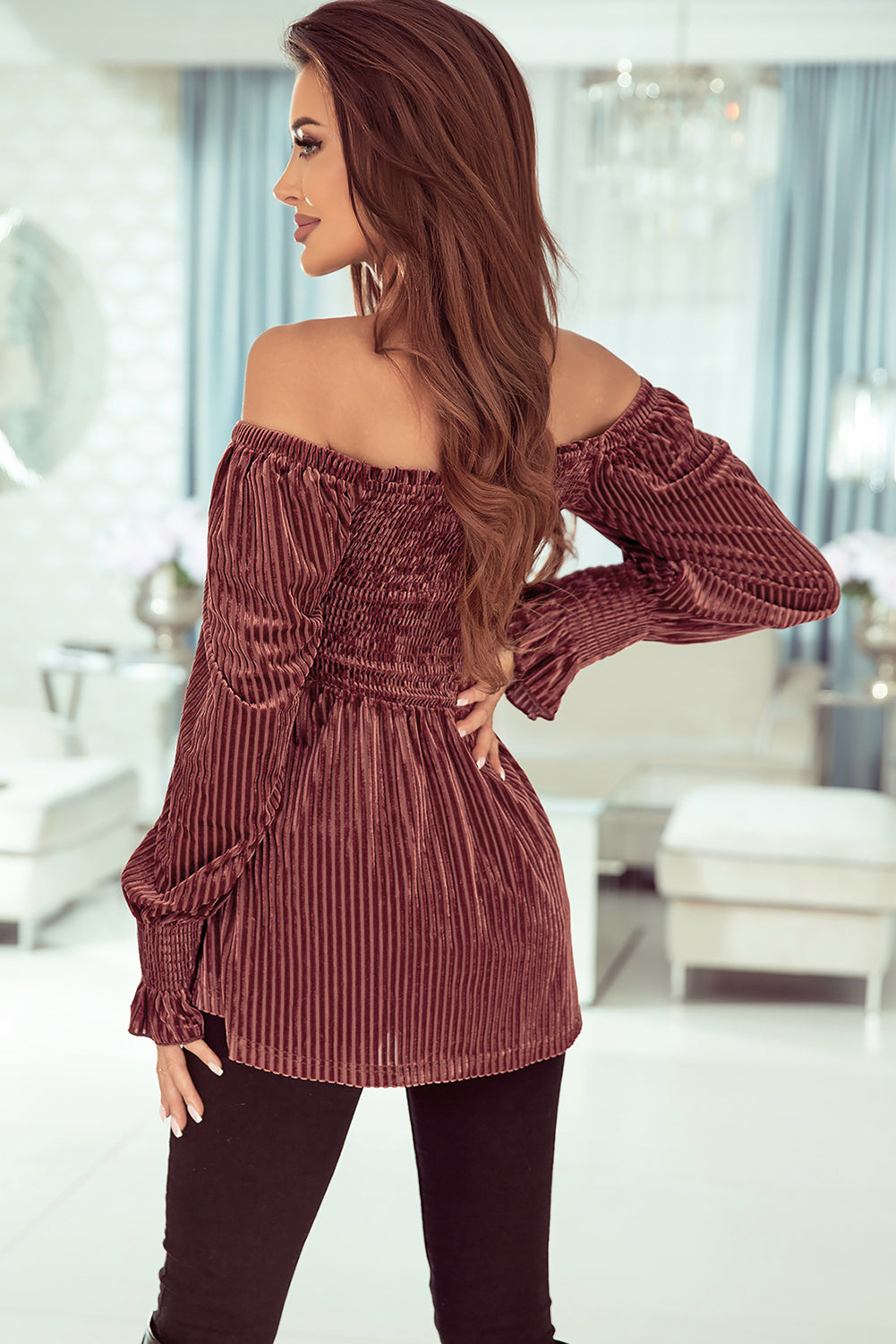 Velour Square Neck Smocked Long-sleeve Babydoll Top