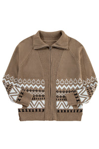 Light Brown Western Aztec Design Full Zip Collared Sweater