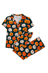 Black with Orange Pumpkins Print Short Sleeve Shirt & Pants Pajama Set