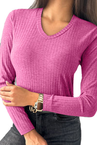 Pink Ribbed Knit V-Neck Long Sleeve Slim Fit Top