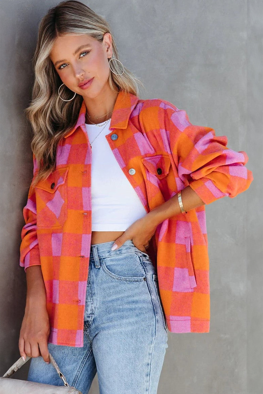 Orange and Pink Checkered Button Down Collared Jacket