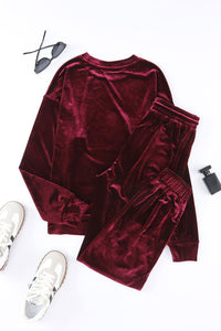 Burgundy Velour Long-sleeve Top & Pants Lounge Set