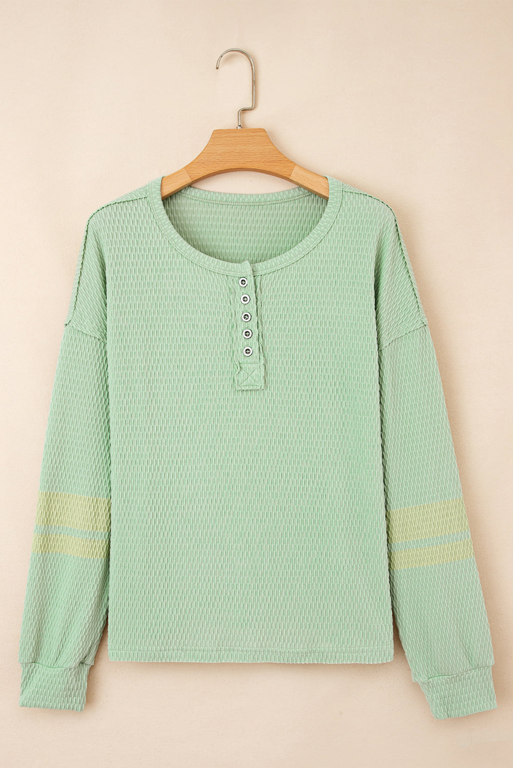 Sage Drop Shoulder Stripe Sleeve Textured Henley Top